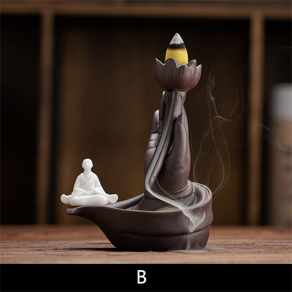 Buddha Hand Holding Lotus Zen Incense Burner Set