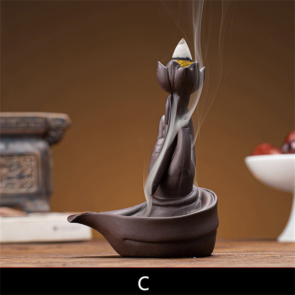Buddha Hand Holding Lotus Zen Incense Burner Set
