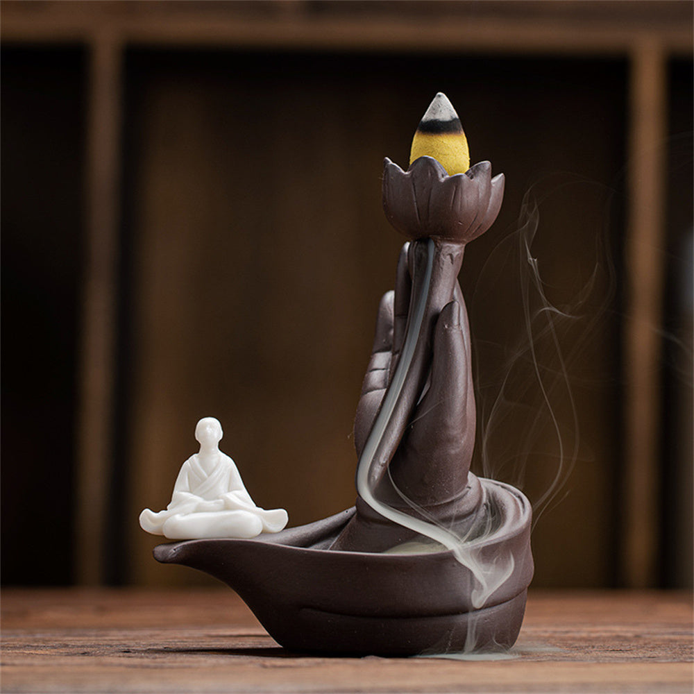 Buddha Hand Holding Lotus Zen Incense Burner Set