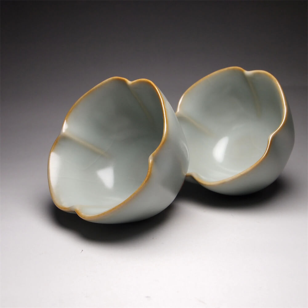 Pair of Matching 50ml Four Lobed Ruyao Teacups