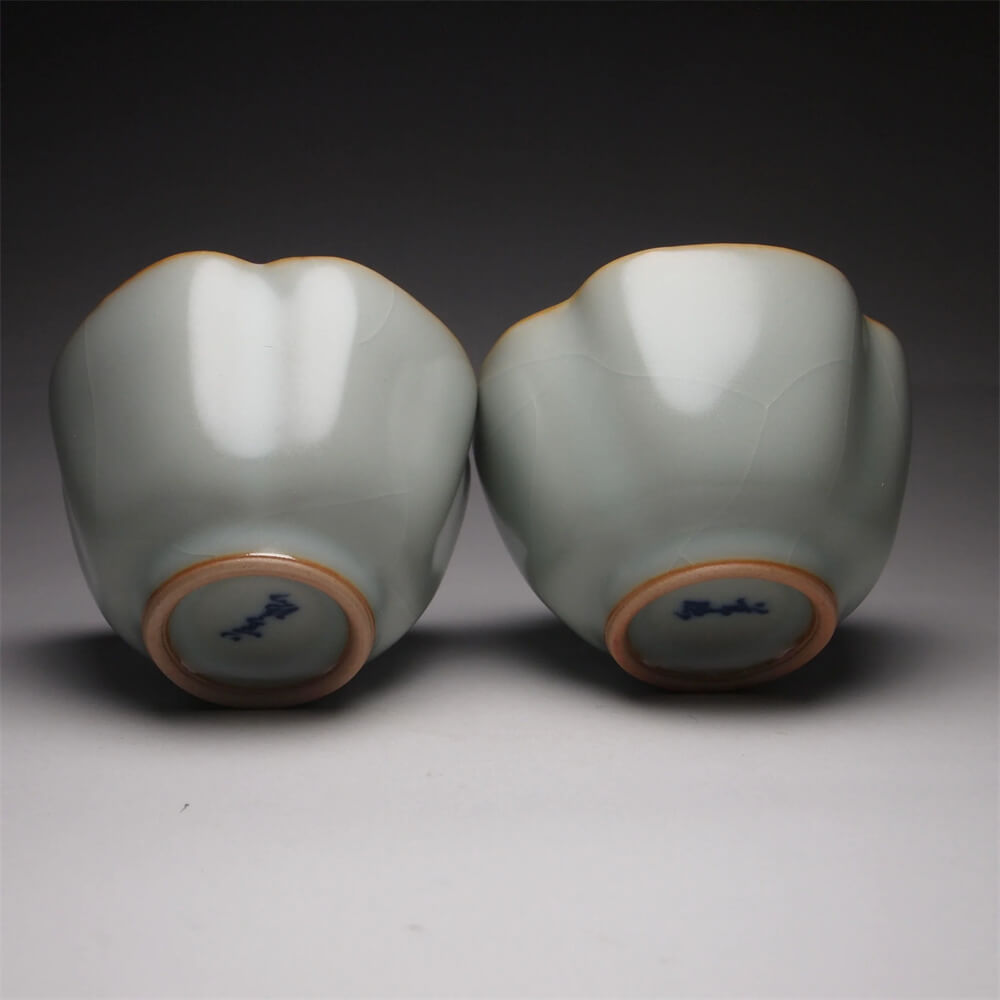 Pair of Matching 50ml Four Lobed Ruyao Teacups