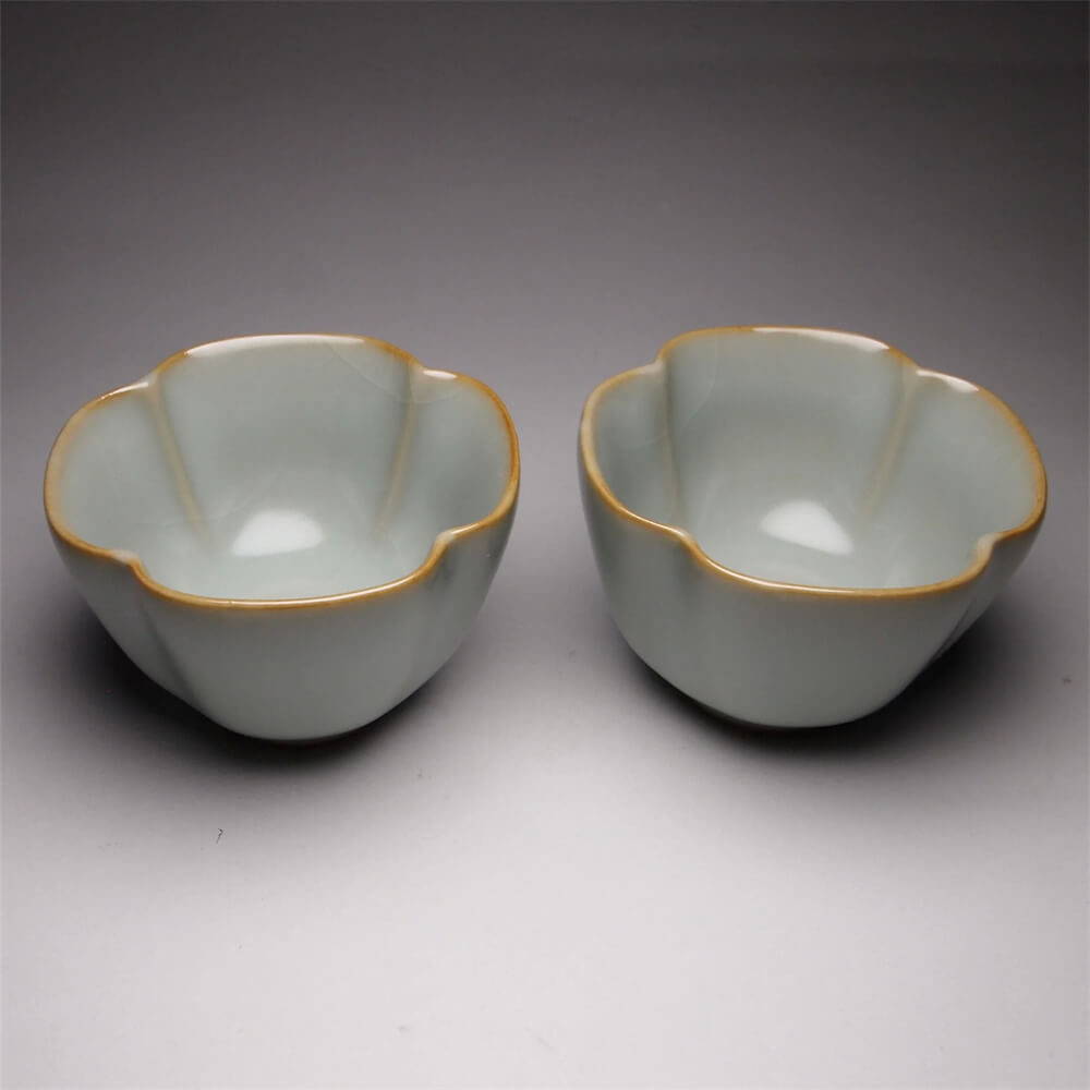 Pair of Matching 50ml Four Lobed Ruyao Teacups
