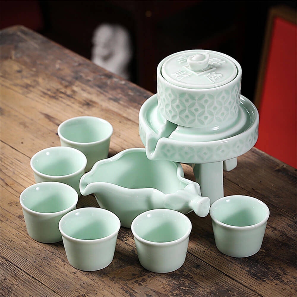 Blue Porcelain Stone Grinding Semi-Automatic Tea Set