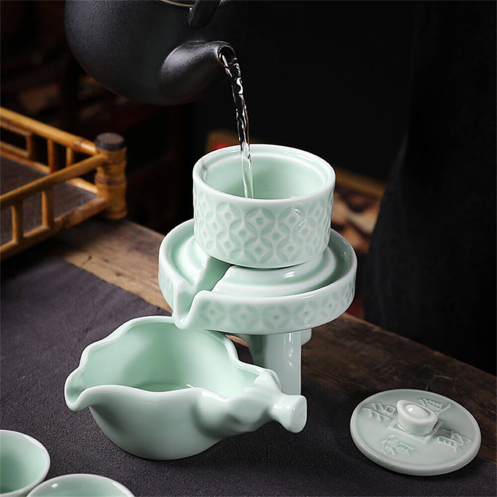 Blue Porcelain Stone Grinding Semi-Automatic Tea Set