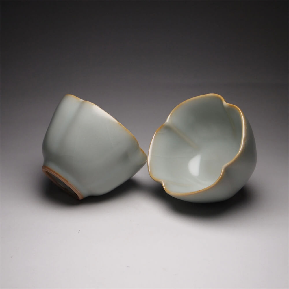 Pair of Matching 50ml Four Lobed Ruyao Teacups