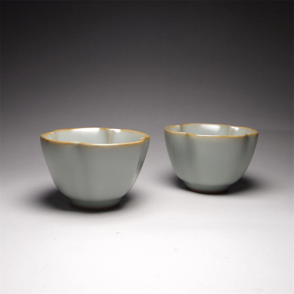 Pair of Matching 50ml Four Lobed Ruyao Teacups