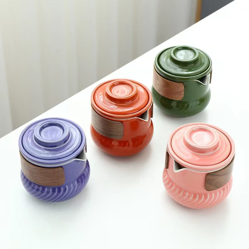 Chubby Bamboo Ceramic One Pot Three Cups Travel Tea Set