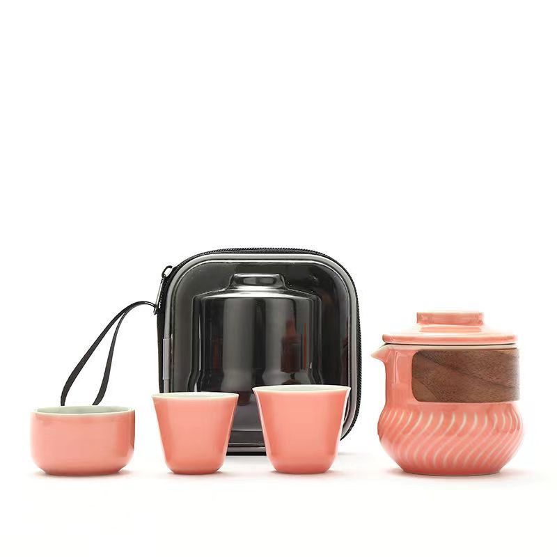 Chubby Bamboo Ceramic One Pot Three Cups Travel Tea Set