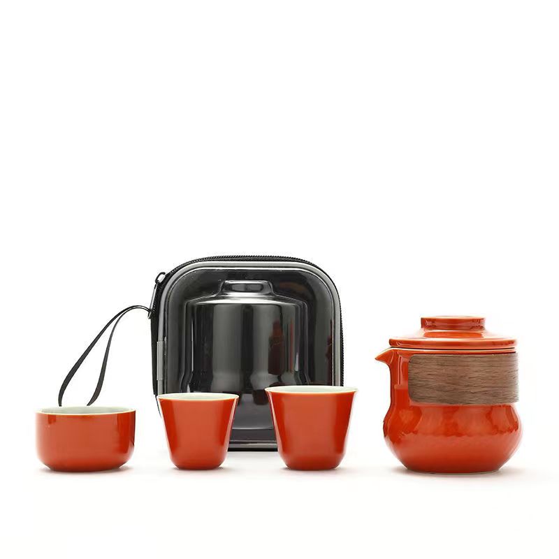Chubby Bamboo Ceramic One Pot Three Cups Travel Tea Set