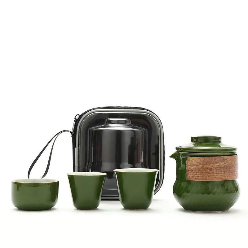 Chubby Bamboo Ceramic One Pot Three Cups Travel Tea Set