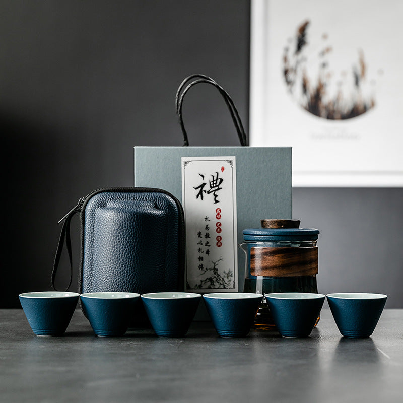 Simple Color Glass Ceramic Portable Outdoor One Pot and Six Cups Travel Tea Set