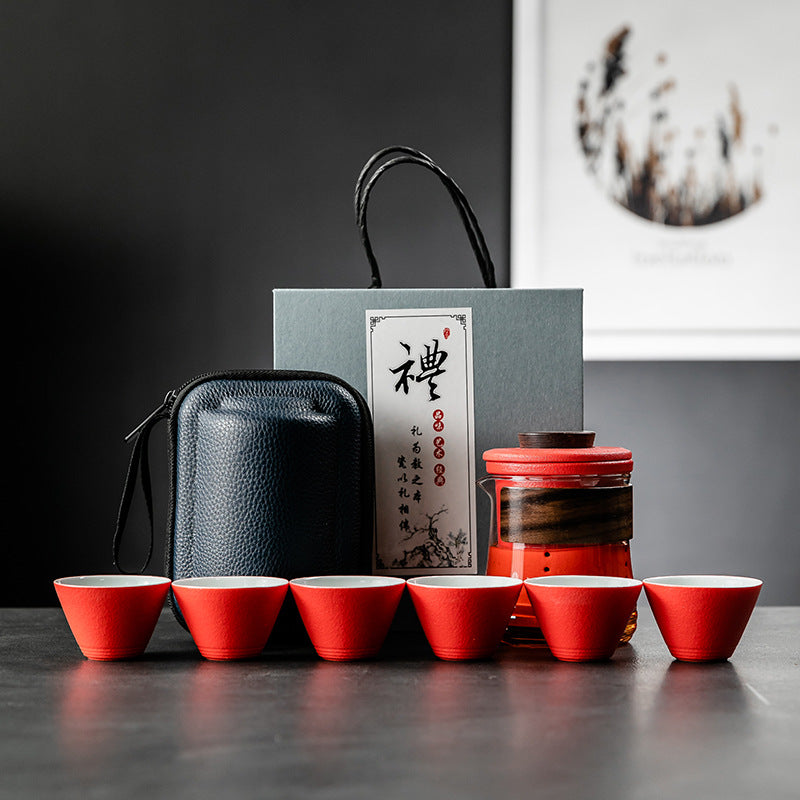 Simple Color Glass Ceramic Portable Outdoor One Pot and Six Cups Travel Tea Set