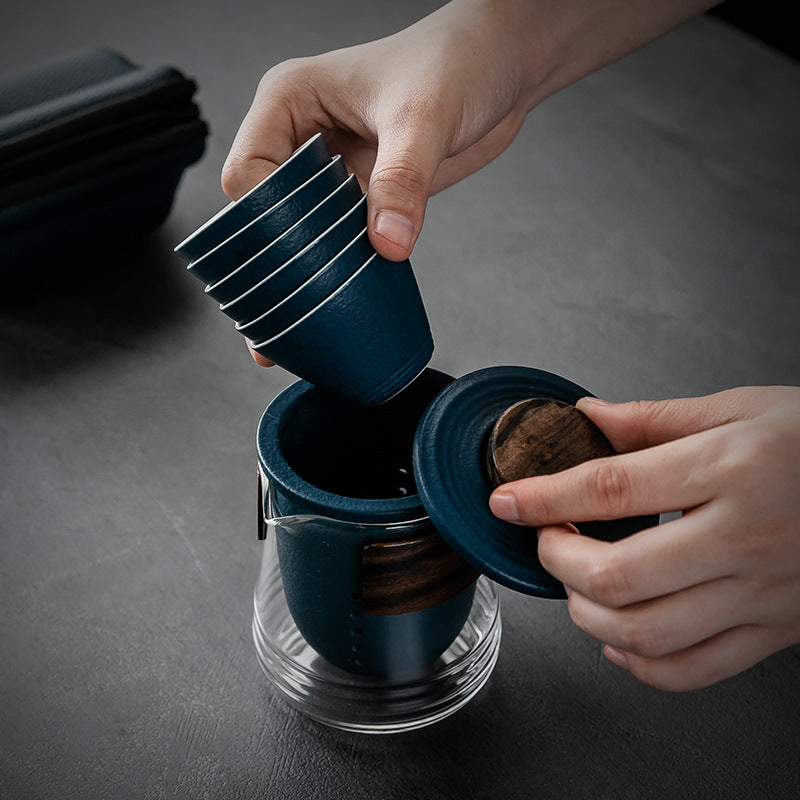 Simple Color Glass Ceramic Portable Outdoor One Pot and Six Cups Travel Tea Set