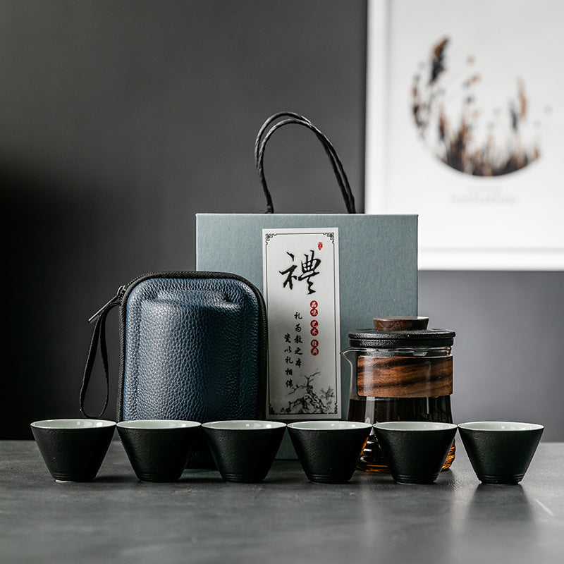 Simple Color Glass Ceramic Portable Outdoor One Pot and Six Cups Travel Tea Set