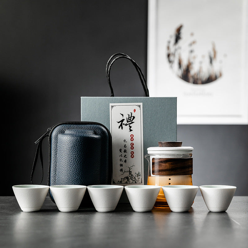 Simple Color Glass Ceramic Portable Outdoor One Pot and Six Cups Travel Tea Set