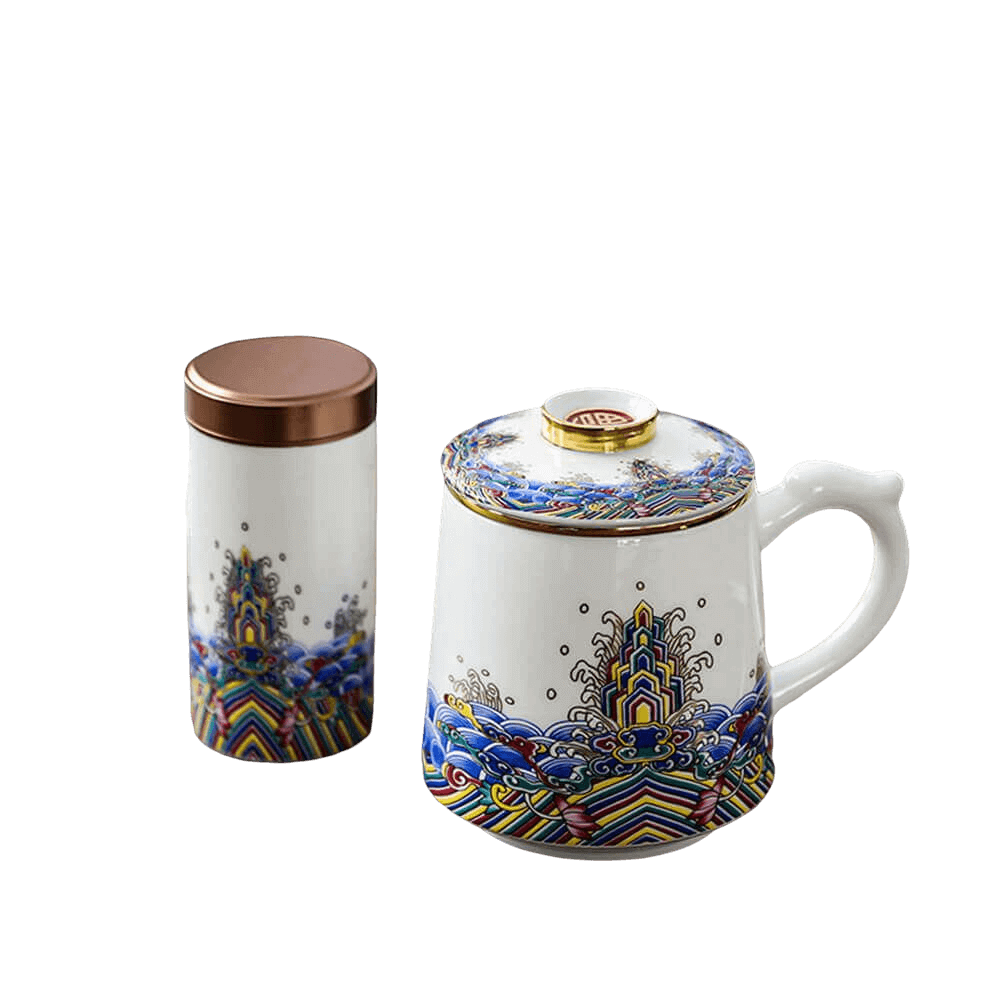 Ceramic personal water cup set thread drawing enamel ribbon cover filter tea separation office meeting Mug