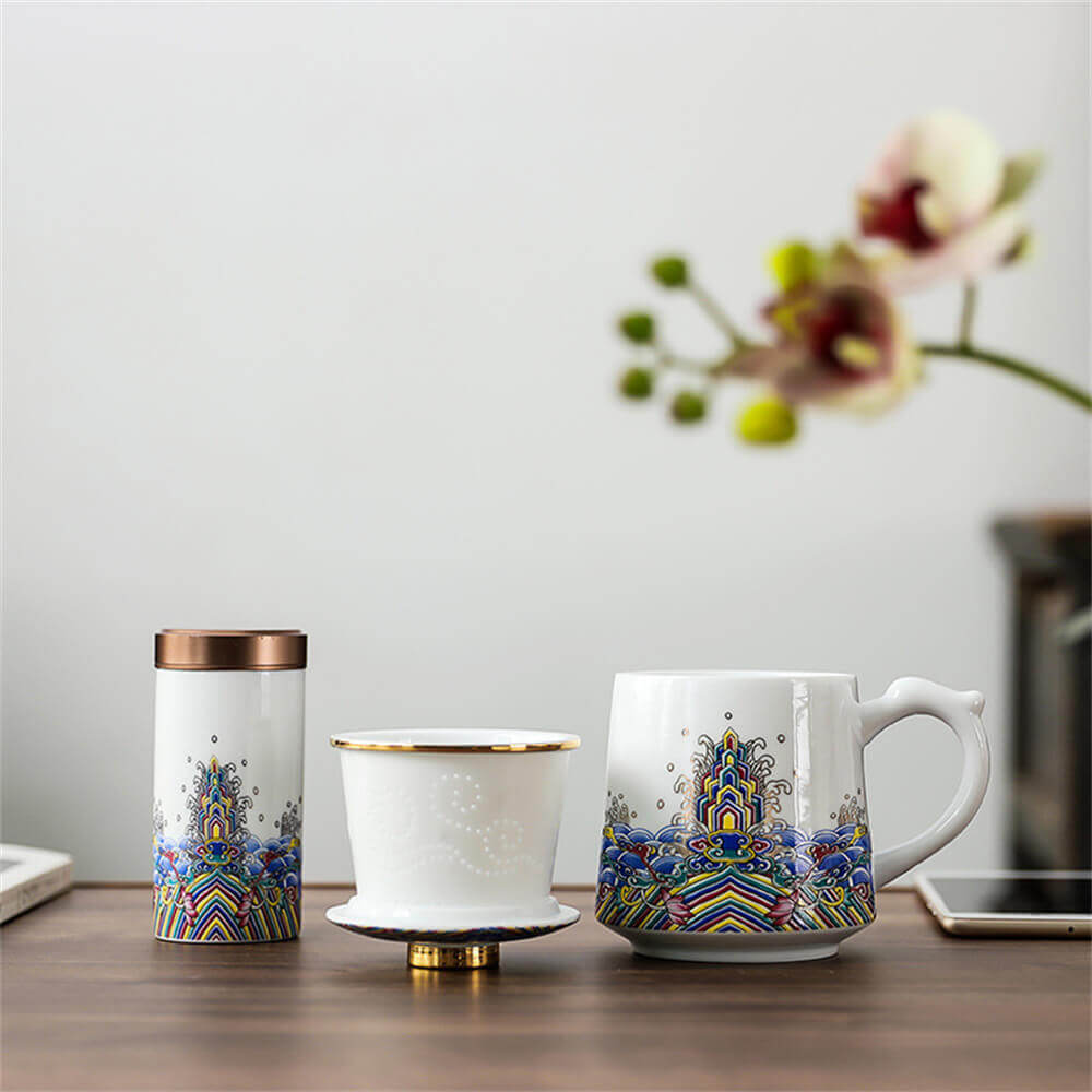 Ceramic personal water cup set thread drawing enamel ribbon cover filter tea separation office meeting Mug