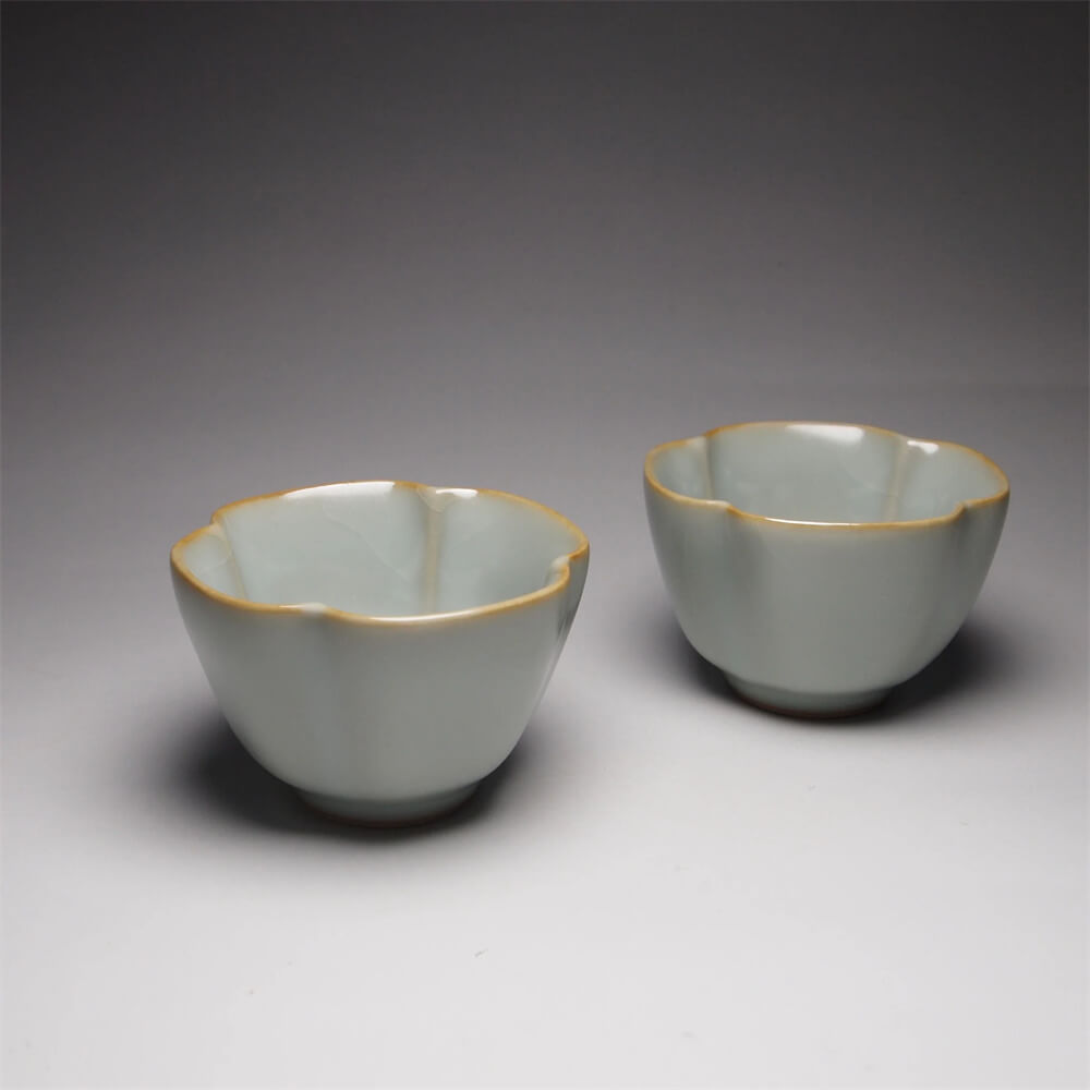 Pair of Matching 50ml Four Lobed Ruyao Teacups