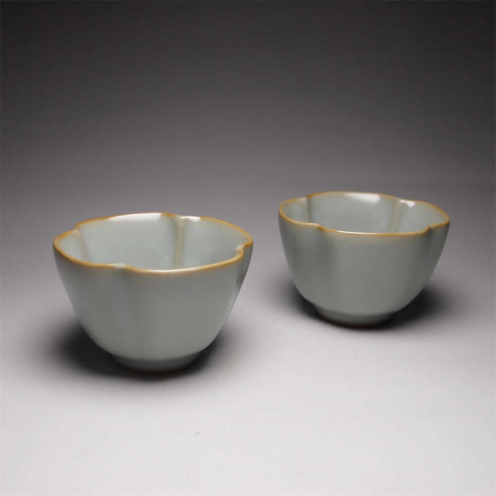 Pair of Matching 50ml Four Lobed Ruyao Teacups