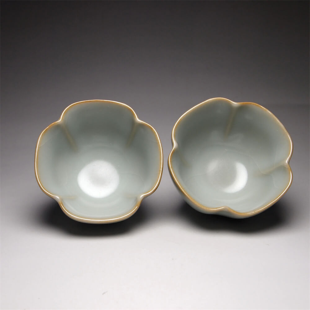 Pair of Matching 50ml Four Lobed Ruyao Teacups
