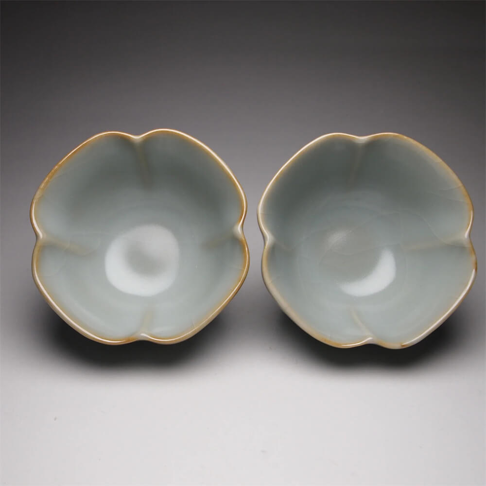 Pair of Matching 50ml Four Lobed Ruyao Teacups