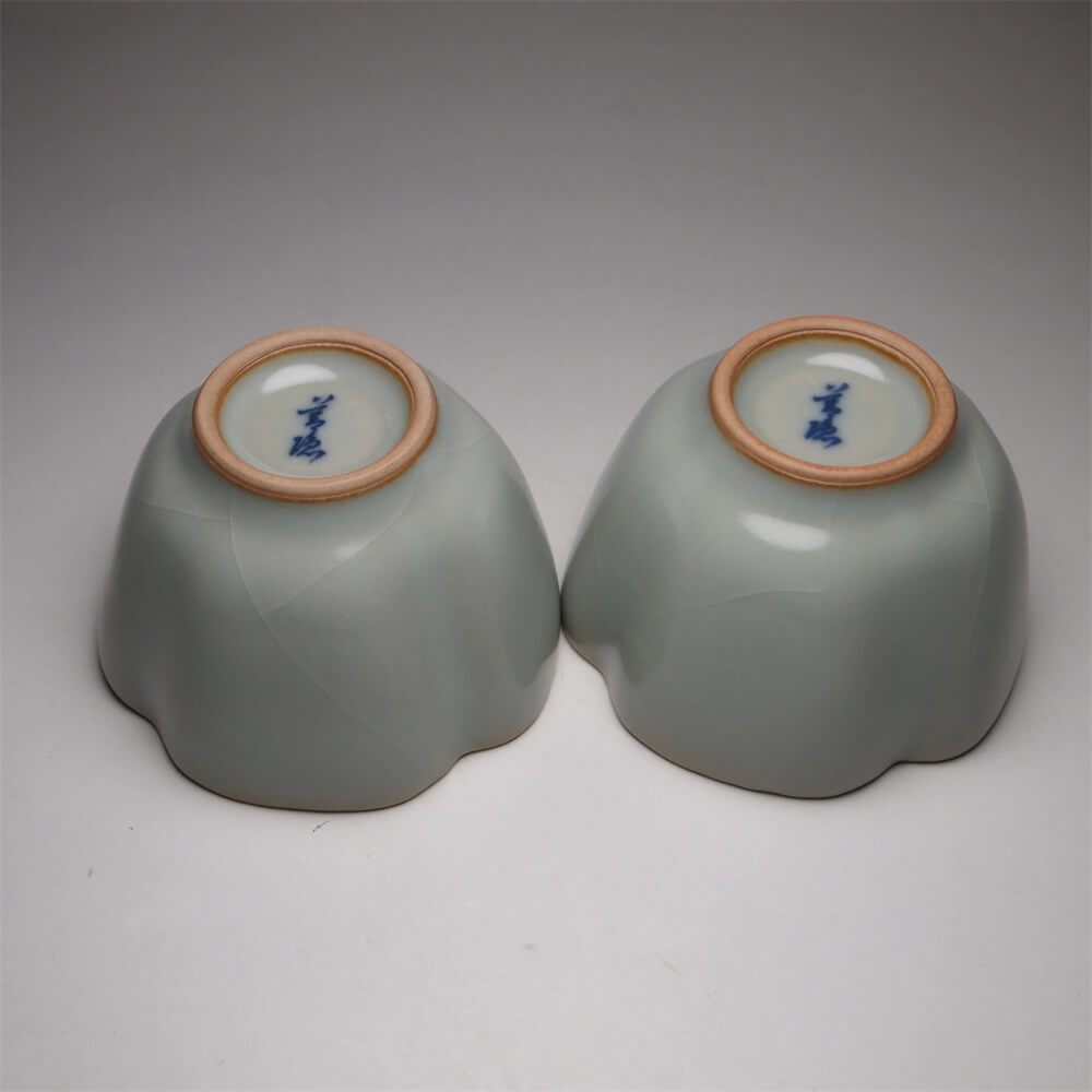 Pair of Matching 50ml Four Lobed Ruyao Teacups