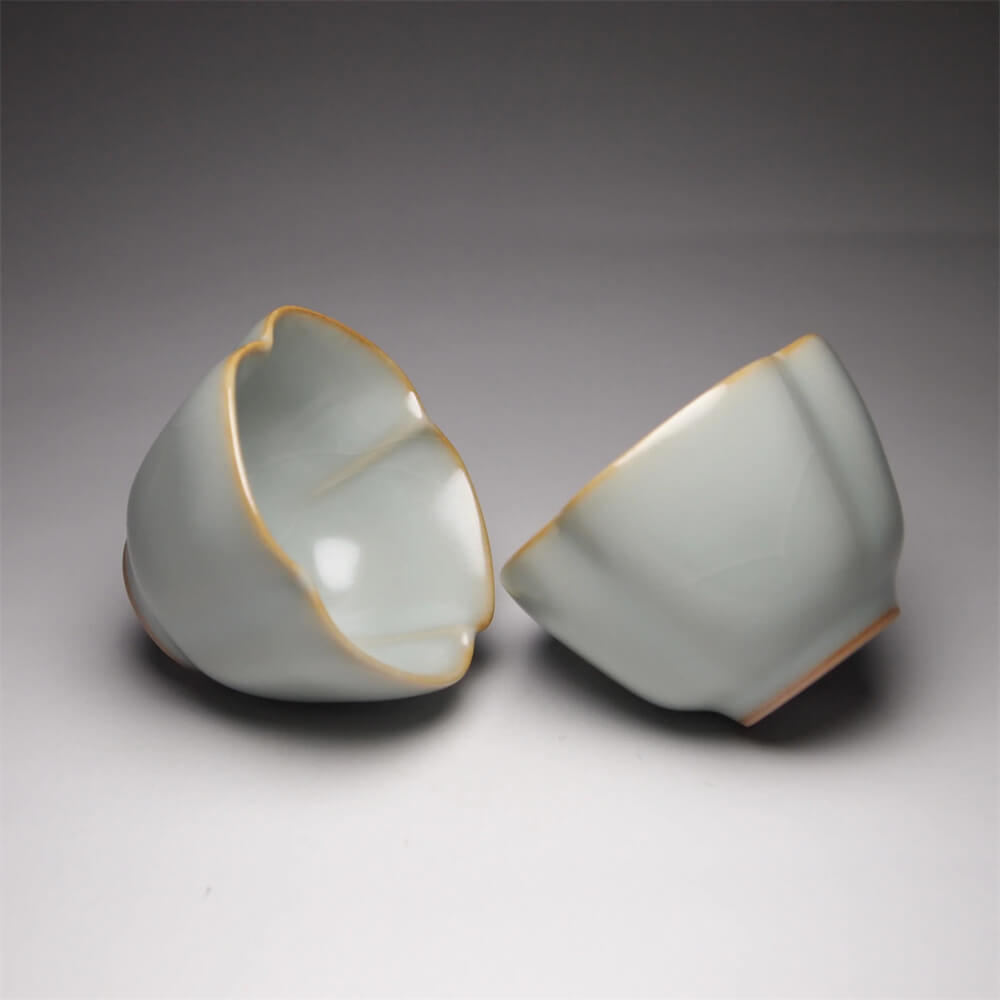 Pair of Matching 50ml Four Lobed Ruyao Teacups