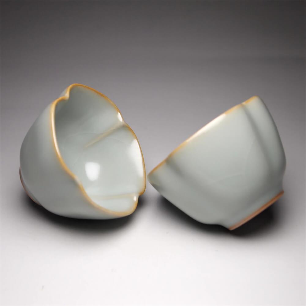Pair of Matching 50ml Four Lobed Ruyao Teacups