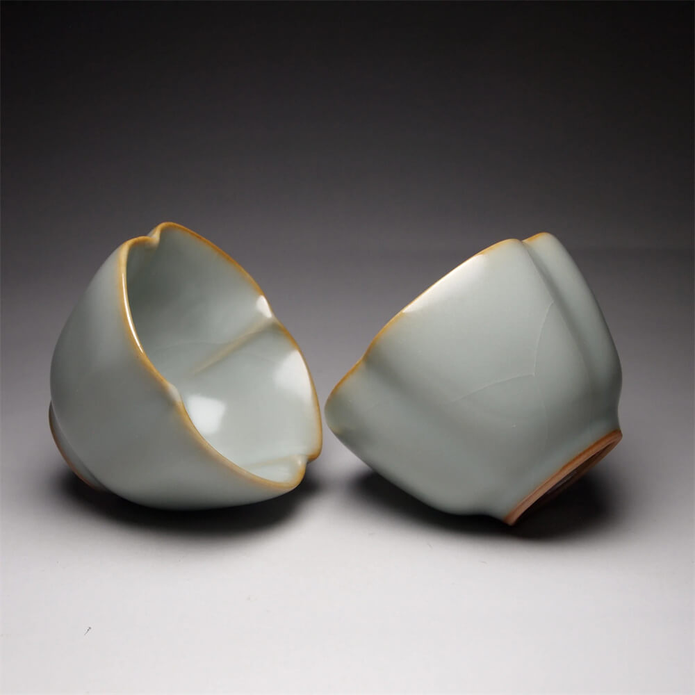 Pair of Matching 50ml Four Lobed Ruyao Teacups