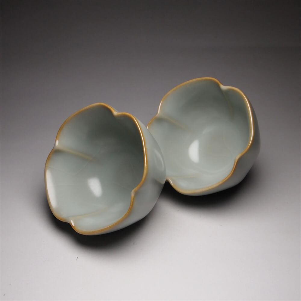 Pair of Matching 50ml Four Lobed Ruyao Teacups