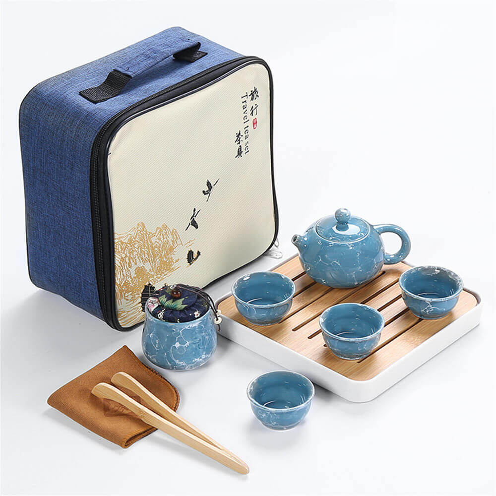 Marble Textured One Pot Of Four Cups Travel Tea Set