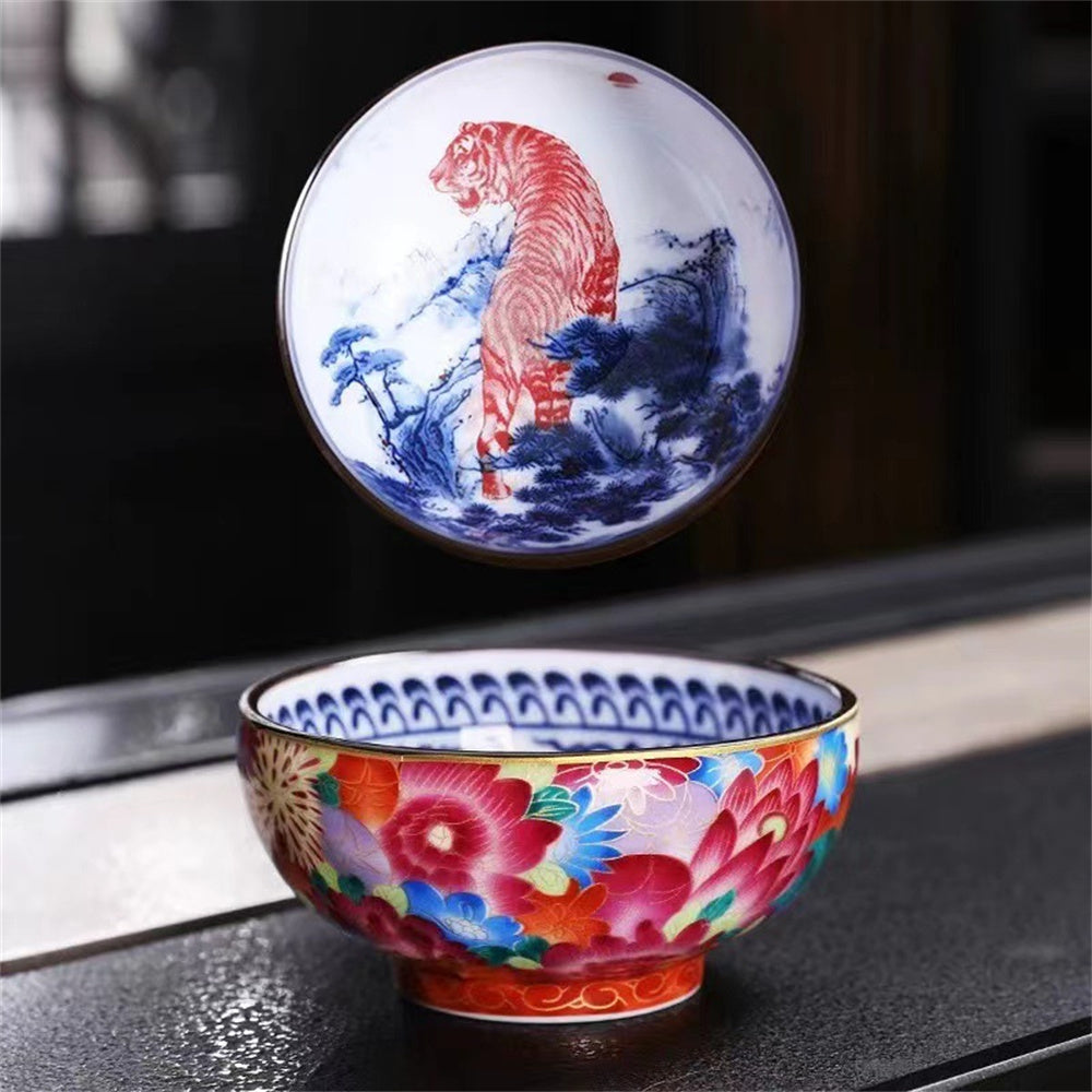 Enamel Colored Gold Silk Blue and White Porcelain Teacup