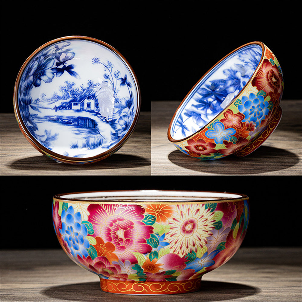 Enamel Colored Gold Silk Blue and White Porcelain Teacup