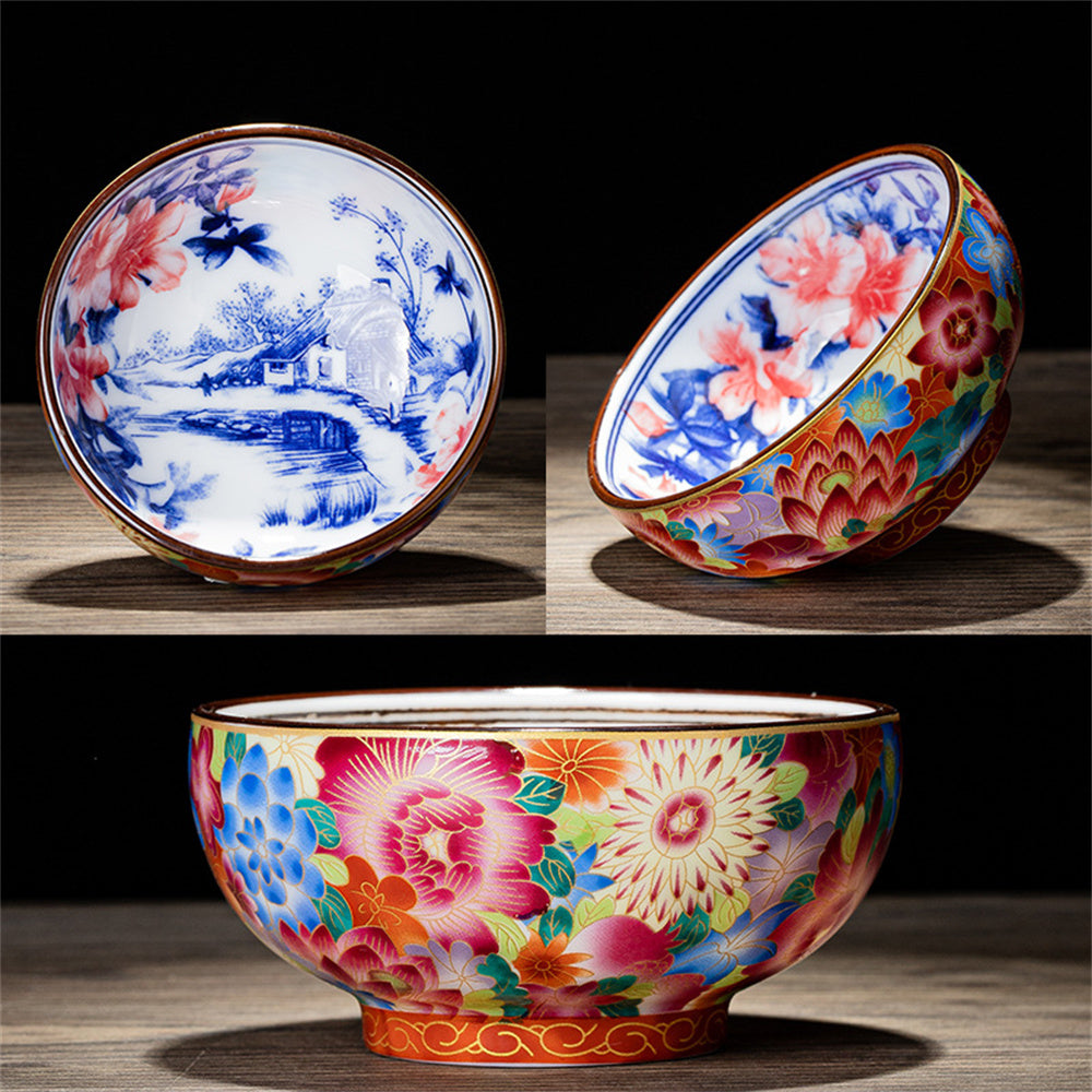 Enamel Colored Gold Silk Blue and White Porcelain Teacup