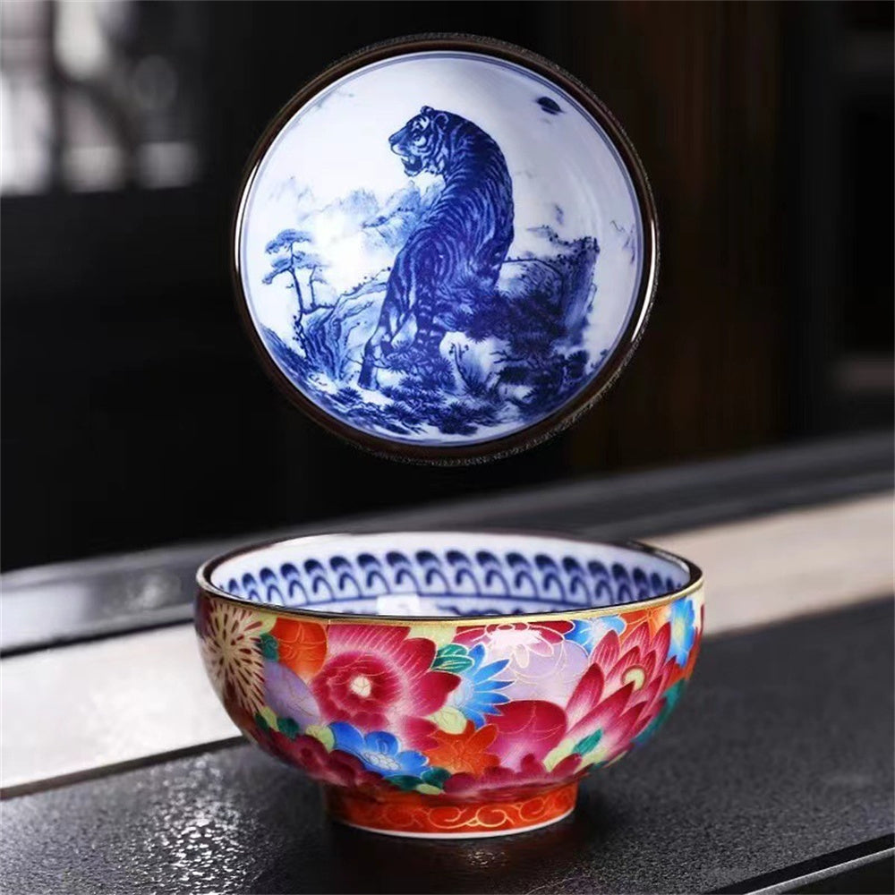 Enamel Colored Gold Silk Blue and White Porcelain Teacup