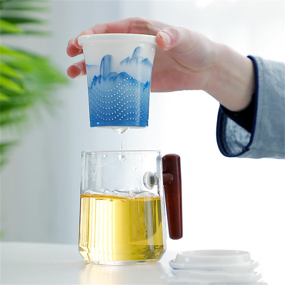 Hand painted landscape picture glass wooden handle office cup