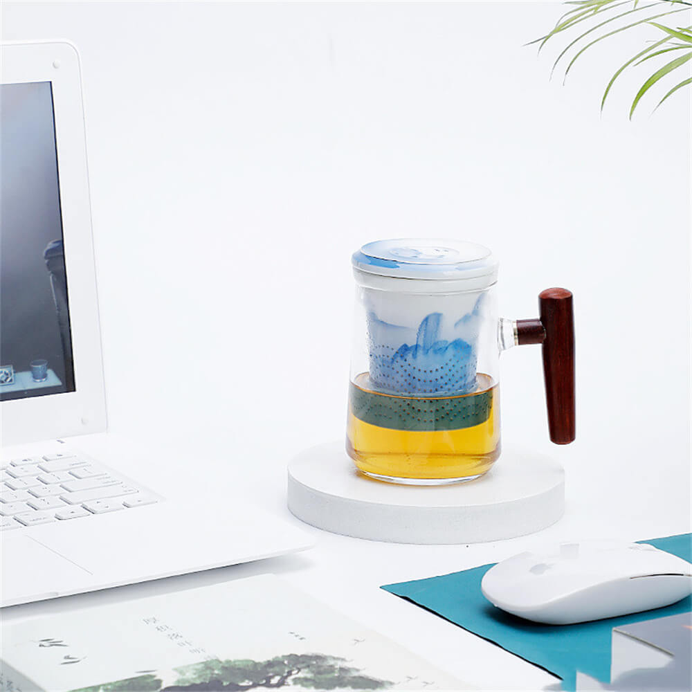 Hand painted landscape picture glass wooden handle office cup