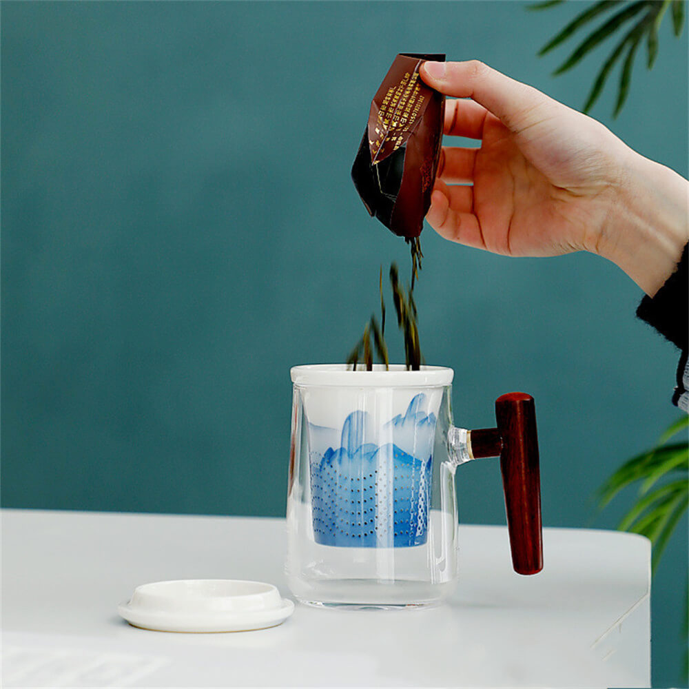 Hand painted landscape picture glass wooden handle office cup