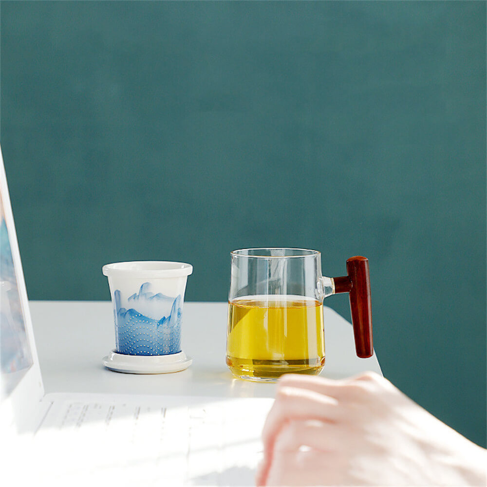 Hand painted landscape picture glass wooden handle office cup