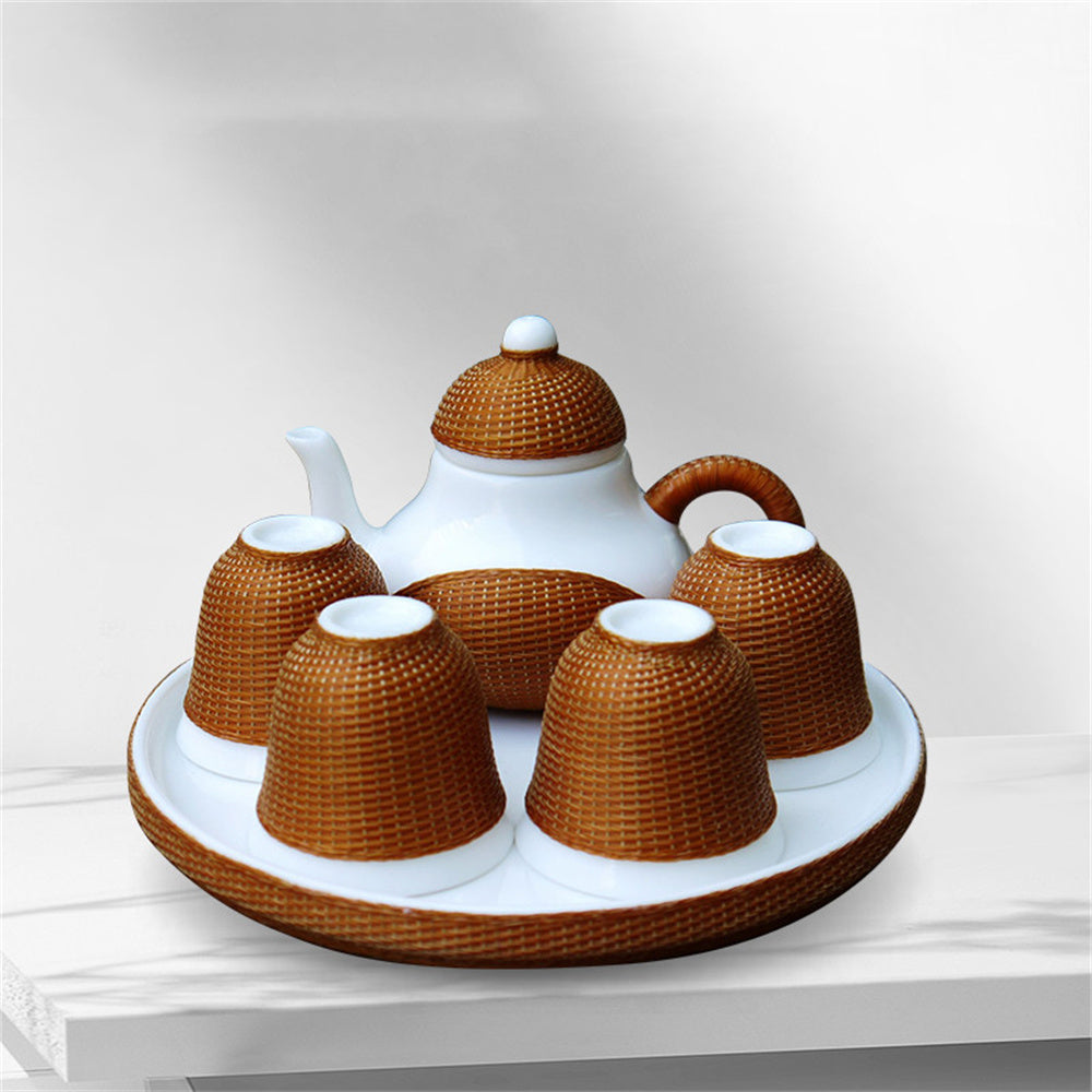 One Pot and Four Cups Tea Tray Set with Bamboo Silk Buckled Porcelain