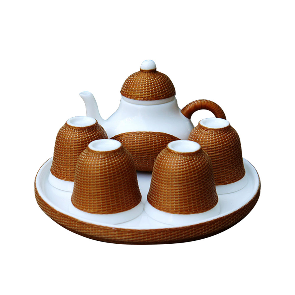 One Pot and Four Cups Tea Tray Set with Bamboo Silk Buckled Porcelain