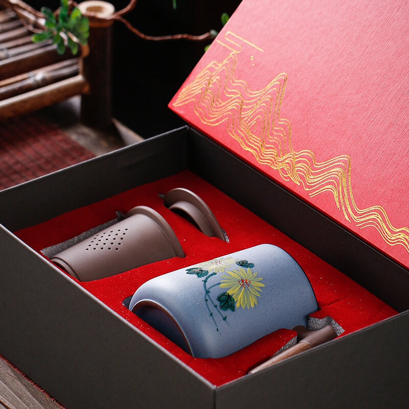 Yixing Purple Sand Hand Painted Design Office Cup Gift Box
