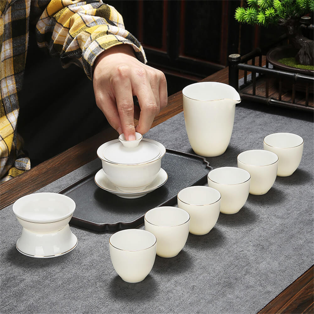 Fu Character Goatee Jade White Porcelain Kung Fu Tea Set