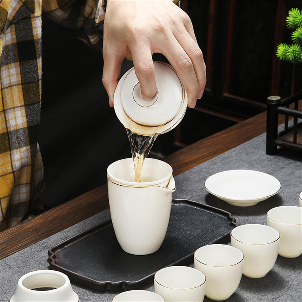 Fu Character Goatee Jade White Porcelain Kung Fu Tea Set