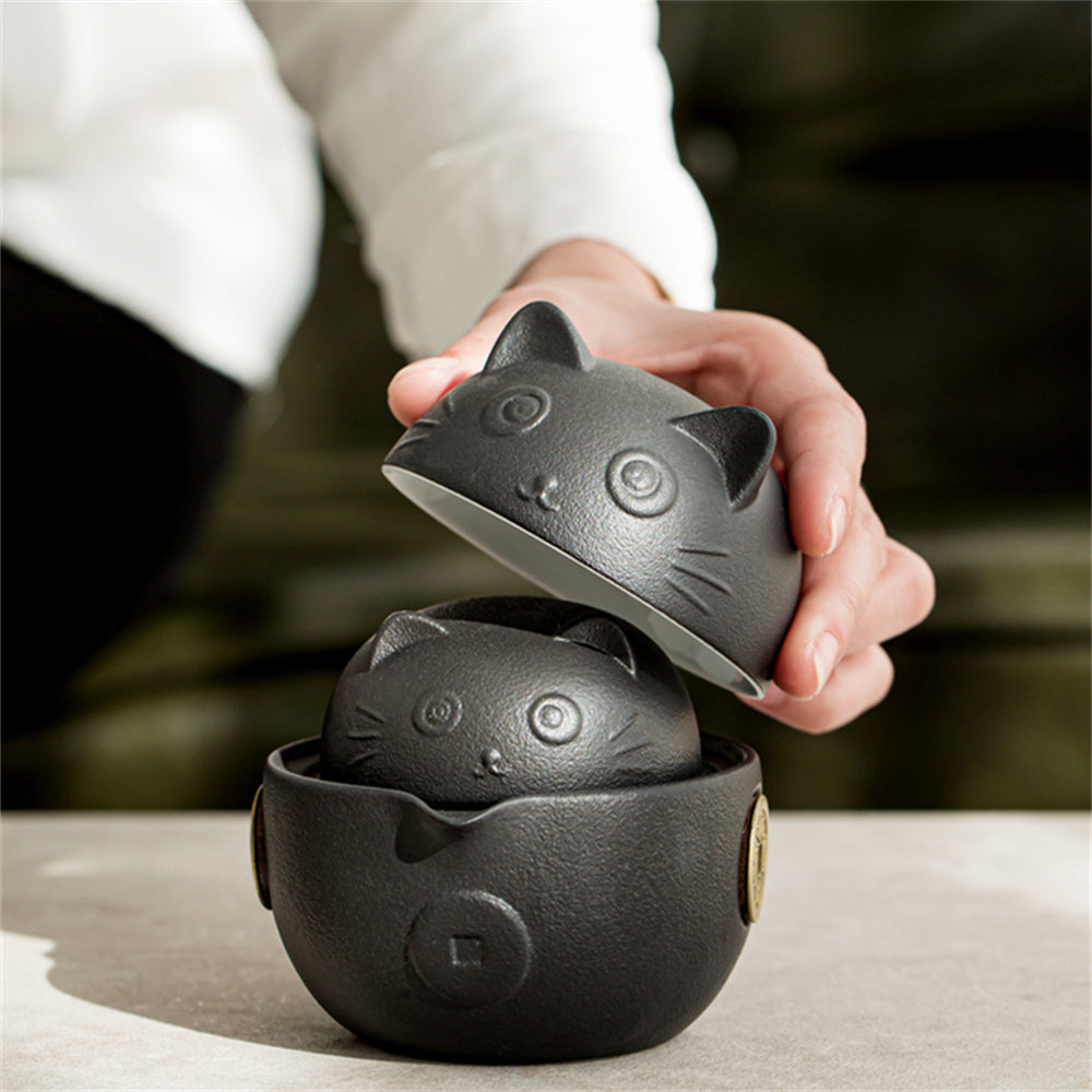 Copper Coin Lucky Cat Travel Tea Set