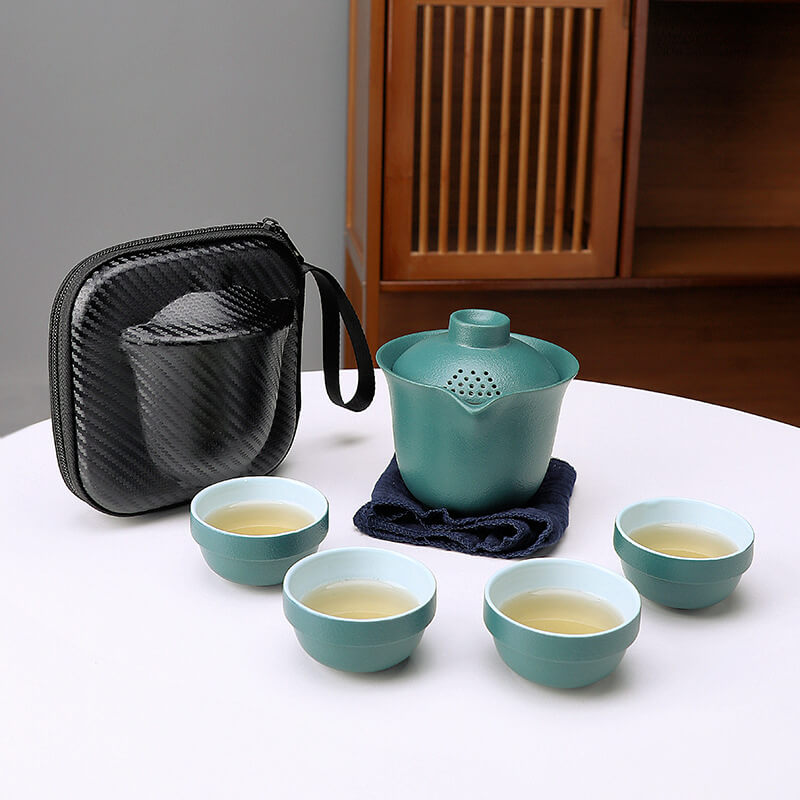 Green Simple One Pot Of Four Cups Travel Tea Set