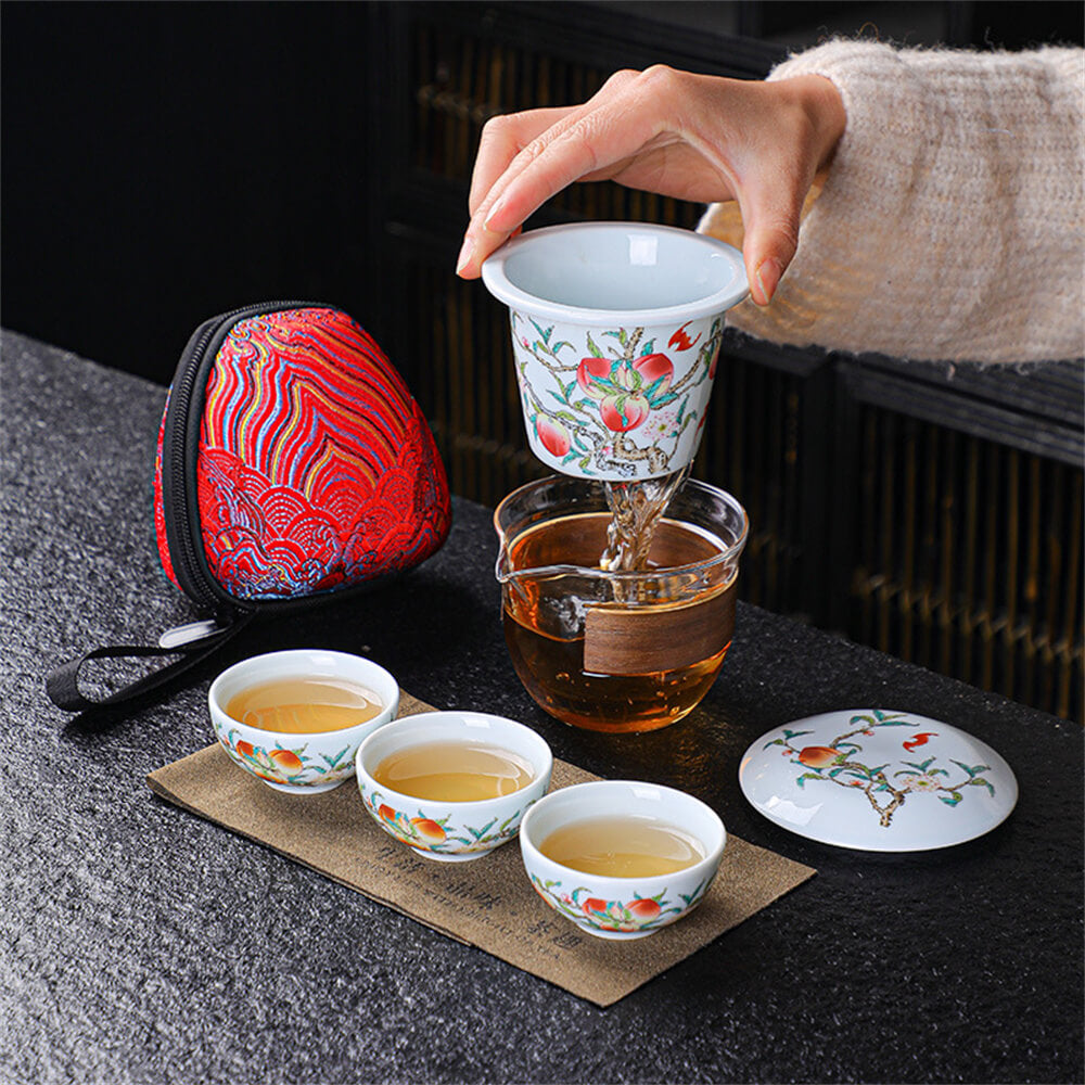 Peaches bring luck one pot three cups travel tea set
