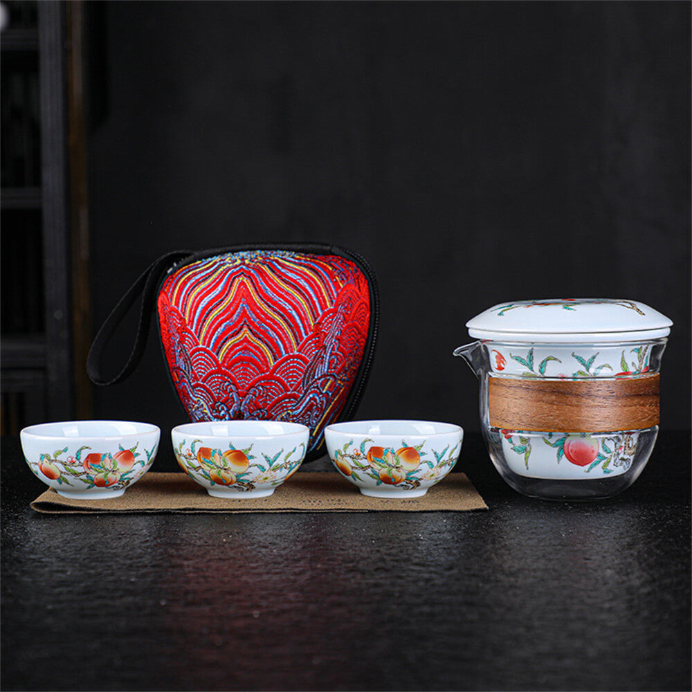 Peaches bring luck one pot three cups travel tea set