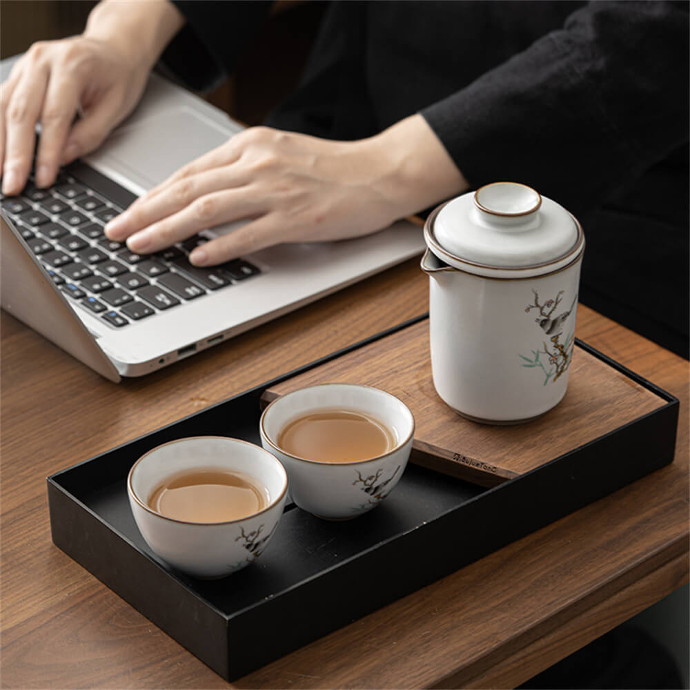 Iron Tire Crescent White Ru Kiln One Pot Two Cups Travel Tea Set