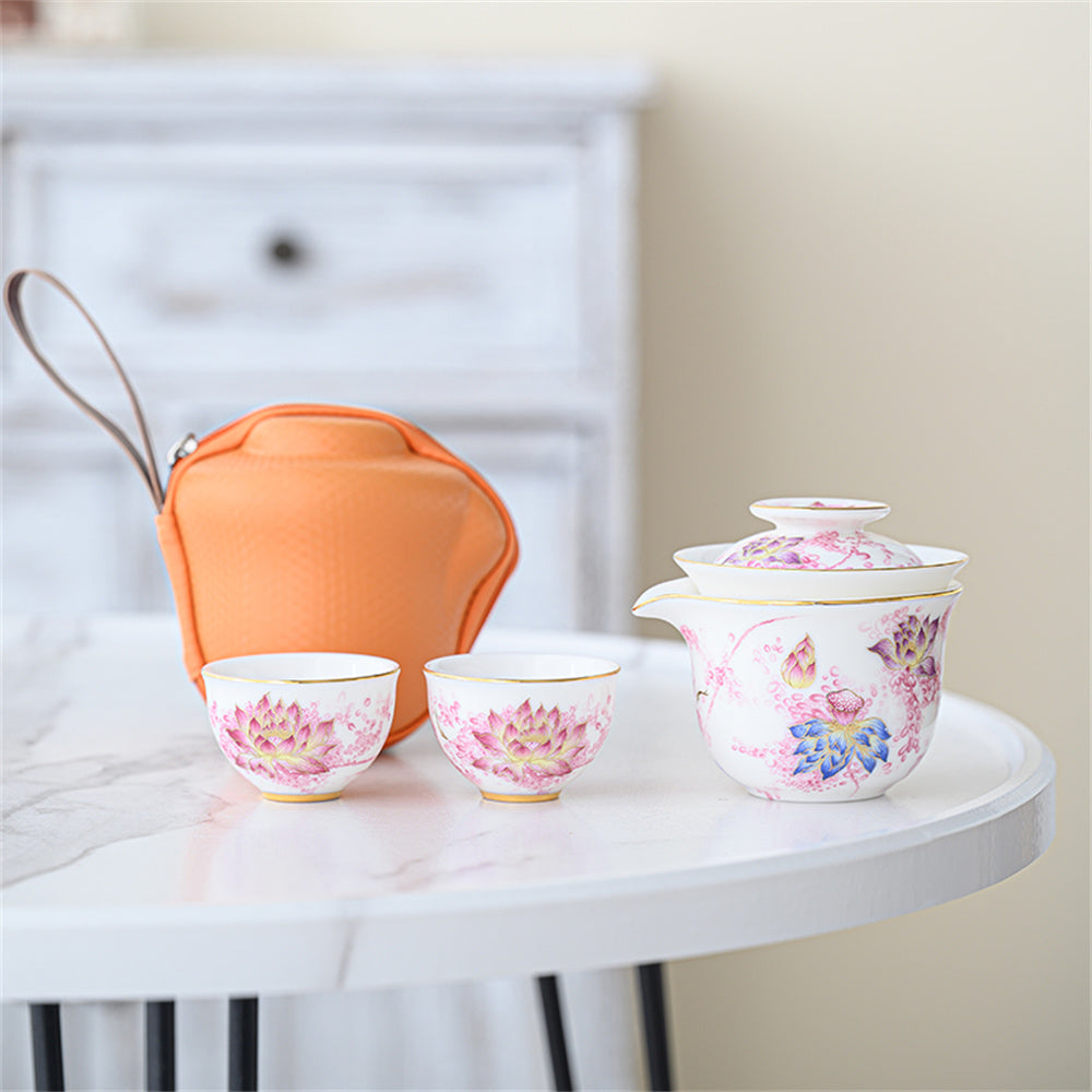 Hand Painted Golden Lotus Travel Tea Set